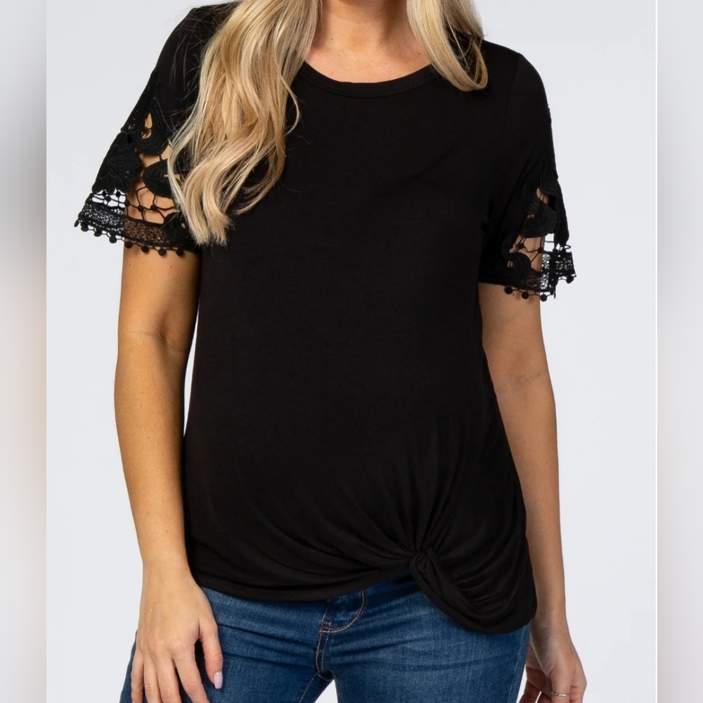 Black Crochet Sleeve Knotted Hem Maternity